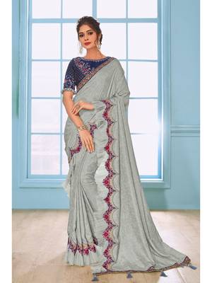 Grey Embroidered Art Silk Saree With Blouse 1