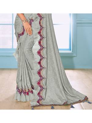 Grey Embroidered Art Silk Saree With Blouse 3