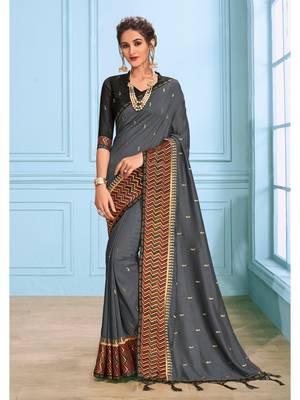 Grey Embroidered Art Silk Saree With Blouse 1