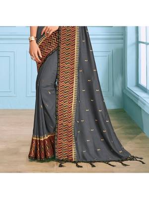 Grey Embroidered Art Silk Saree With Blouse 3