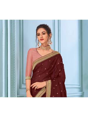 Brown Embroidered Art Silk Saree With Blouse 2
