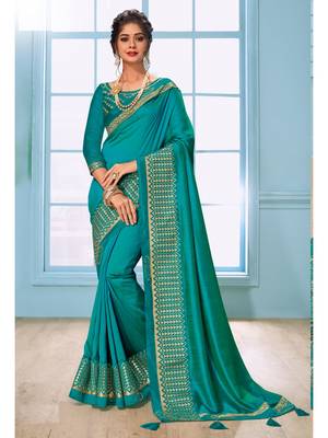 Turquoise Embroidered Art Silk Saree With Blouse 1