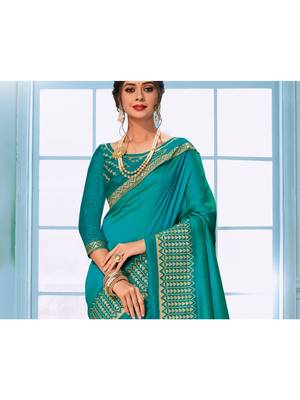 Turquoise Embroidered Art Silk Saree With Blouse 2