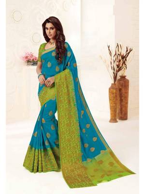 Turquoise Woven Art Silk Saree With Blouse 1