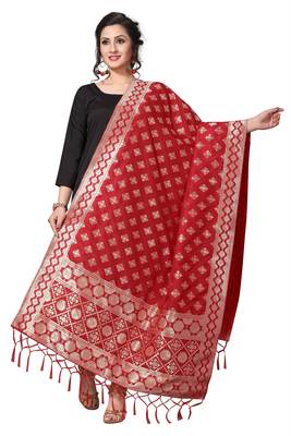 Red Jacquard Silk Women's Dupatta With Zalor. 1