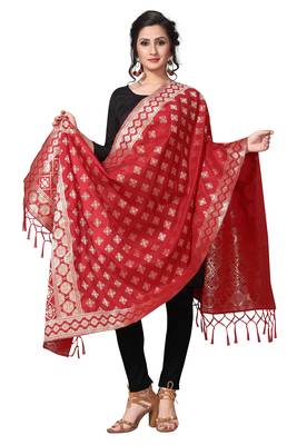Red Jacquard Silk Women's Dupatta With Zalor. 2