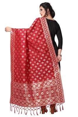 Red Jacquard Silk Women's Dupatta With Zalor. 3