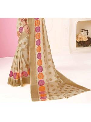 Cream Woven Art Silk Saree With Blouse 3
