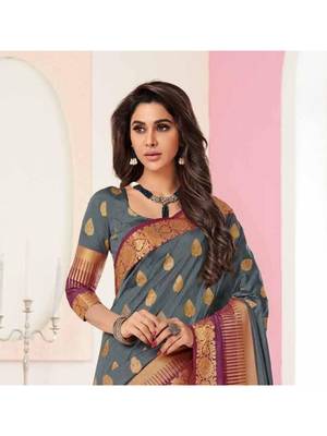Grey Woven Art Silk Saree With Blouse 2