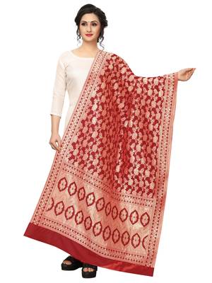 Red Jacquard Silk Women's Dupatta. 1