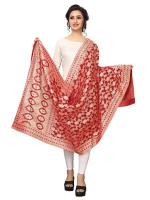 Red Jacquard Silk Women's Dupatta. 2