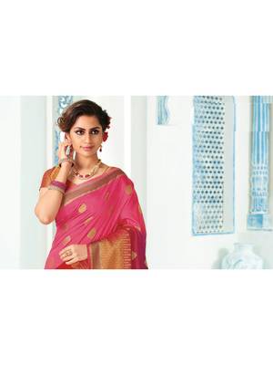 Pink Woven Art Silk Saree With Blouse 2