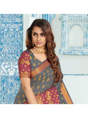 Grey Woven Art Silk Saree With Blouse 2
