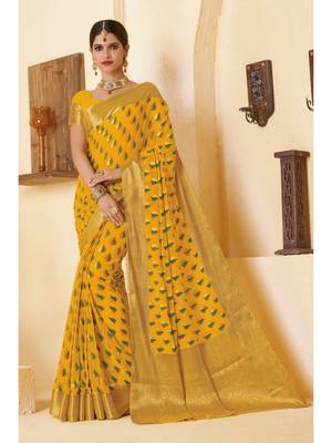 Yellow Woven Chiffon Saree With Blouse 1