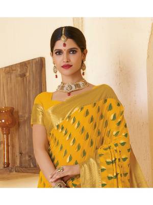 Yellow Woven Chiffon Saree With Blouse 2