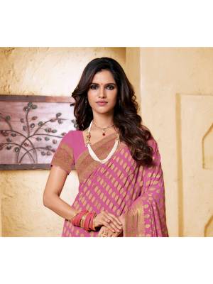 Pink Woven Chiffon Saree With Blouse 2