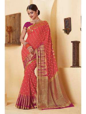 Peach Woven Chiffon Saree With Blouse 1