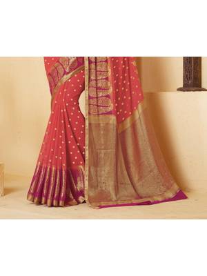 Peach Woven Chiffon Saree With Blouse 3
