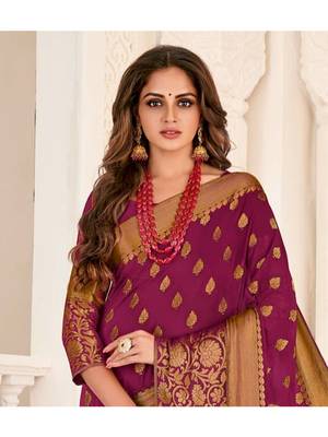 Purple Woven Chiffon Saree With Blouse 2