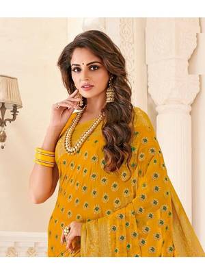 Yellow Woven Chiffon Saree With Blouse 2