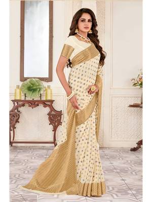 Cream Woven Chiffon Saree With Blouse 1