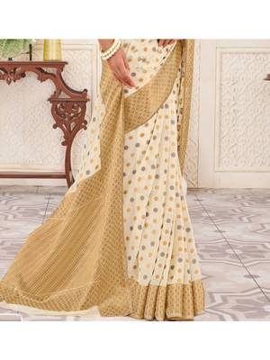 Cream Woven Chiffon Saree With Blouse 3