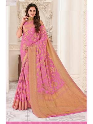 Pink Woven Chiffon Saree With Blouse 1