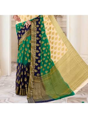 Green Woven Chiffon Saree With Blouse 3