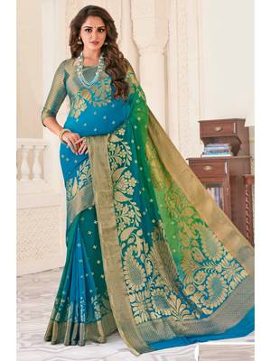 Blue Woven Chiffon Saree With Blouse 1