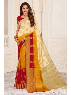 Cream Woven Chiffon Saree With Blouse 1