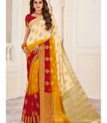 Cream Woven Chiffon Saree With Blouse