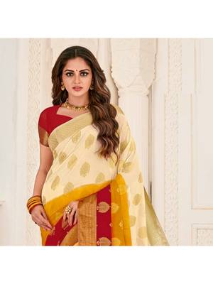 Cream Woven Chiffon Saree With Blouse 2