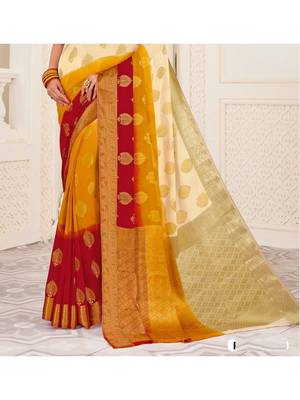 Cream Woven Chiffon Saree With Blouse 3