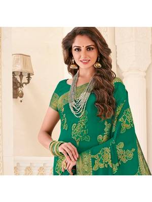 Green Woven Chiffon Saree With Blouse 2