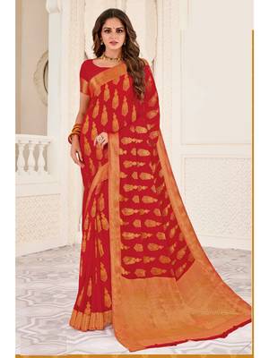 Red Woven Chiffon Saree With Blouse 1