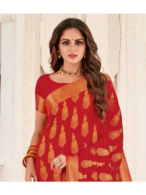 Red Woven Chiffon Saree With Blouse 2