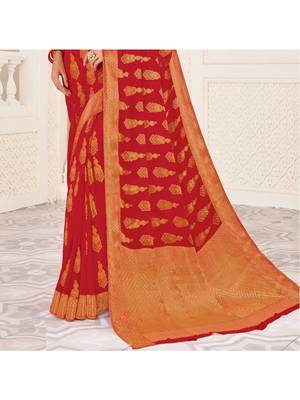 Red Woven Chiffon Saree With Blouse 3