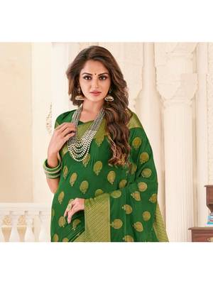 Green Woven Chiffon Saree With Blouse 2