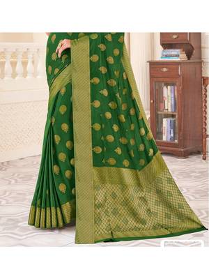 Green Woven Chiffon Saree With Blouse 3