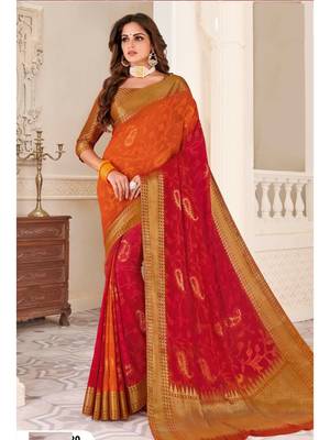 Red Woven Chiffon Saree With Blouse 1