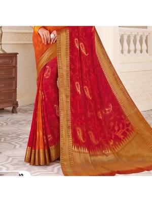 Red Woven Chiffon Saree With Blouse 3