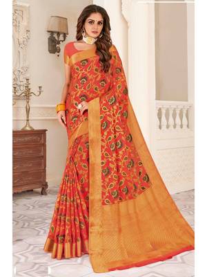 Orange Woven Chiffon Saree With Blouse 1