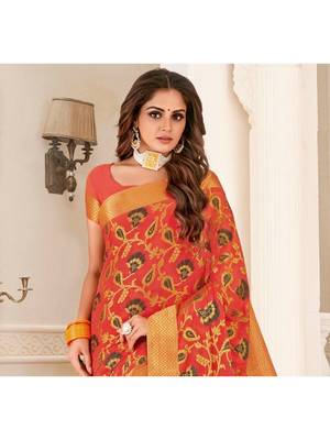 Orange Woven Chiffon Saree With Blouse 2