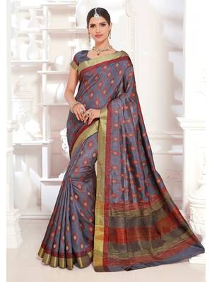 Grey Woven Art Silk Saree With Blouse 1