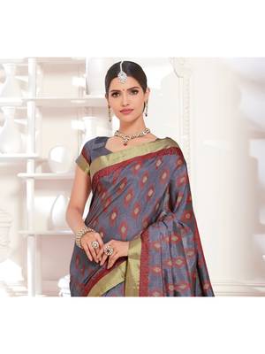 Grey Woven Art Silk Saree With Blouse 2