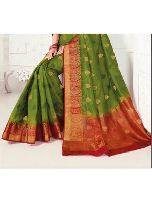 Green Woven Art Silk Saree With Blouse 3