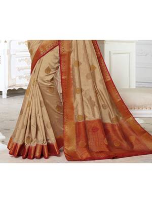 Beige Woven Art Silk Saree With Blouse 3