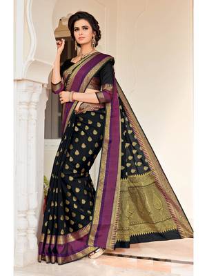 Black Woven Silk Blend Saree With Blouse 1