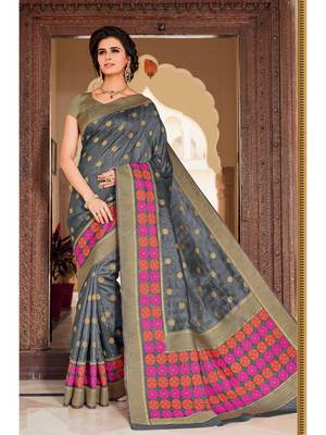 Grey Woven Silk Blend Saree With Blouse 1