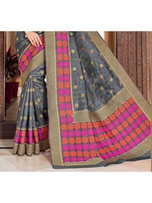 Grey Woven Silk Blend Saree With Blouse 3